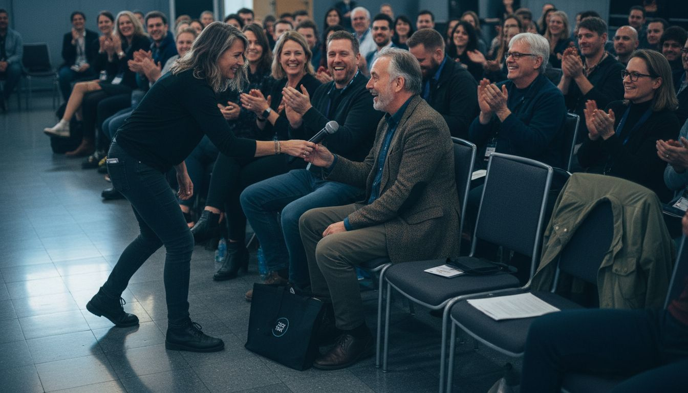 Kunstneren får publikum med på legen og inddrager dem aktivt under showet.