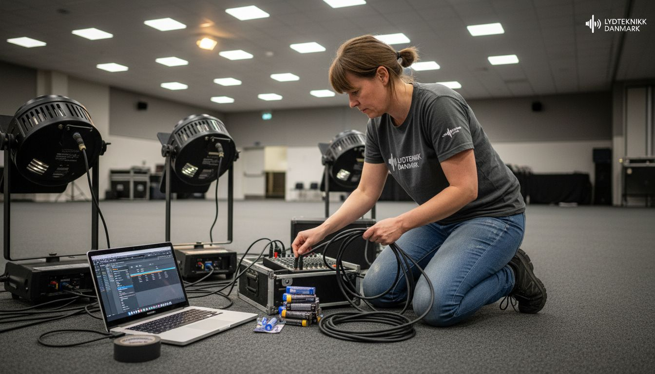 En tekniker sørger for, at lydkablerne til arrangementet er lagt korrekt og fungerer, som de skal.