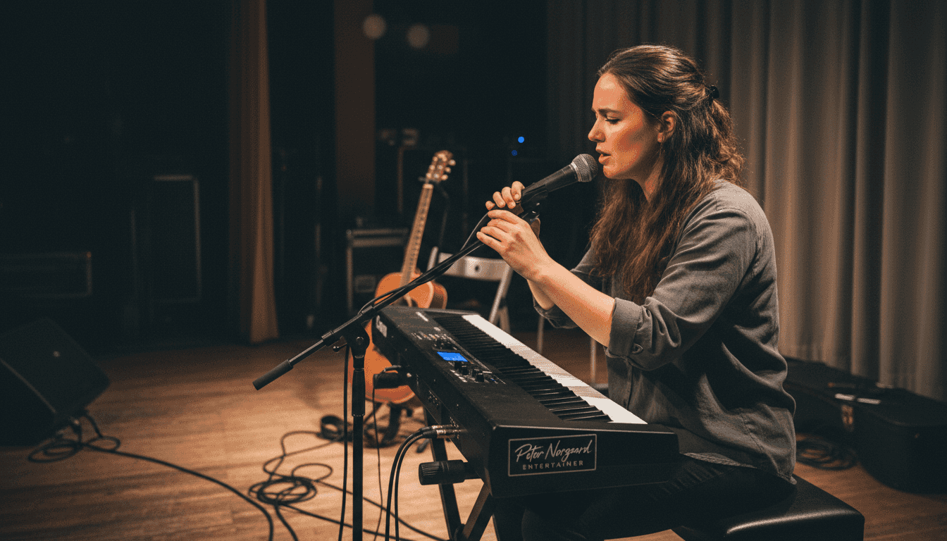 Sangeren laver lydprøve på mikrofonen inden koncerten