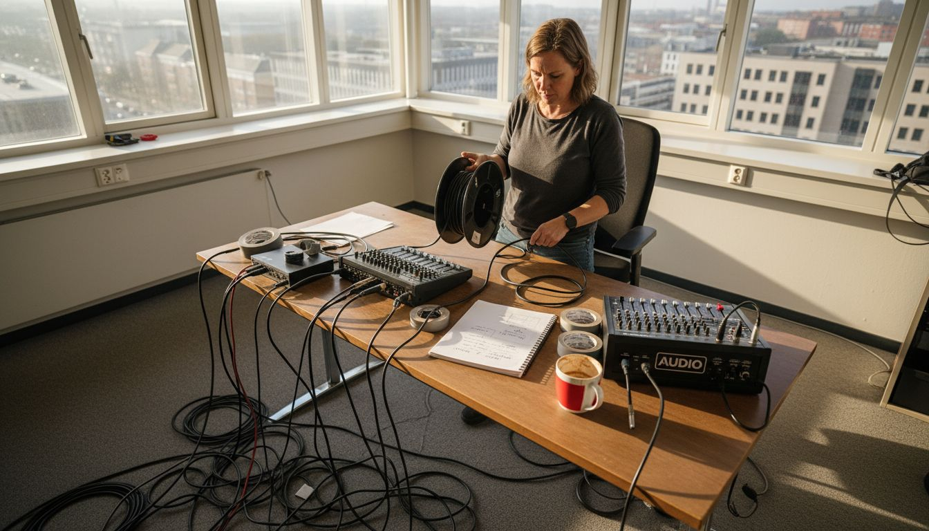 En showtekniker sørger for at sætte lydudstyret op inden eventet går i gang.