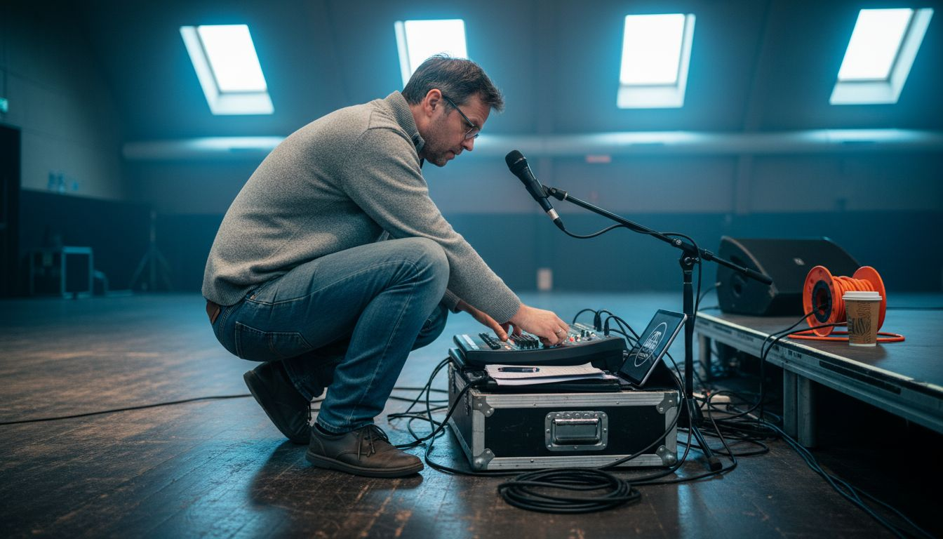 Lydteknikeren gør klar med lydudstyret inden aftenens musikshow.