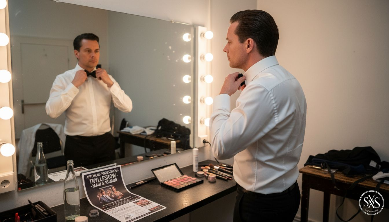 En entertainer gør sig klar backstage, inden showet går i gang.
