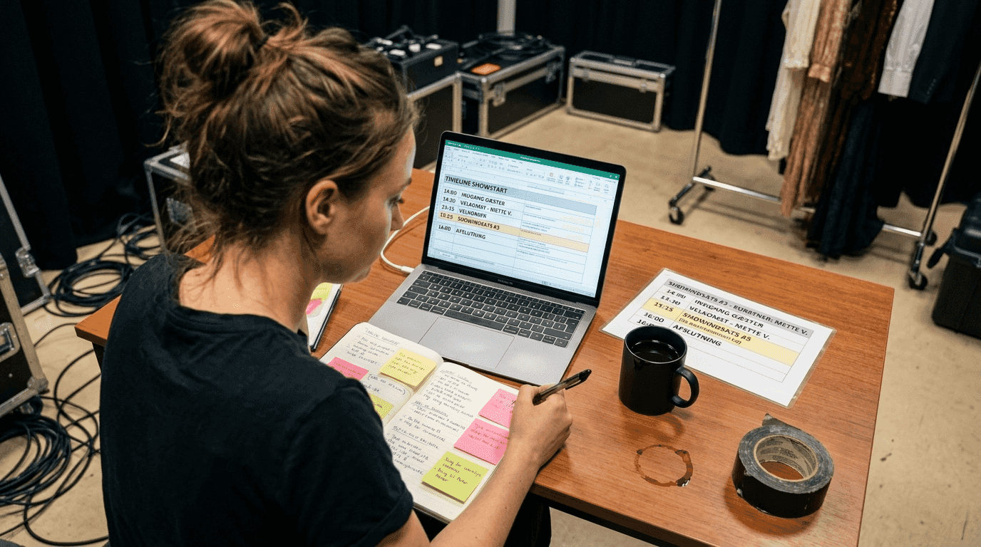 Eventkoordinatoren sidder ved backstage-bordet og holder styr på tidsplanen