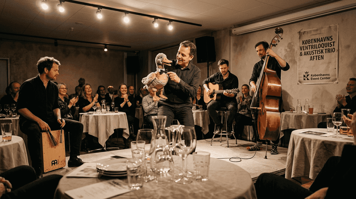 En bugtaler og et akustisk band underholder publikum med et forry- gende show.