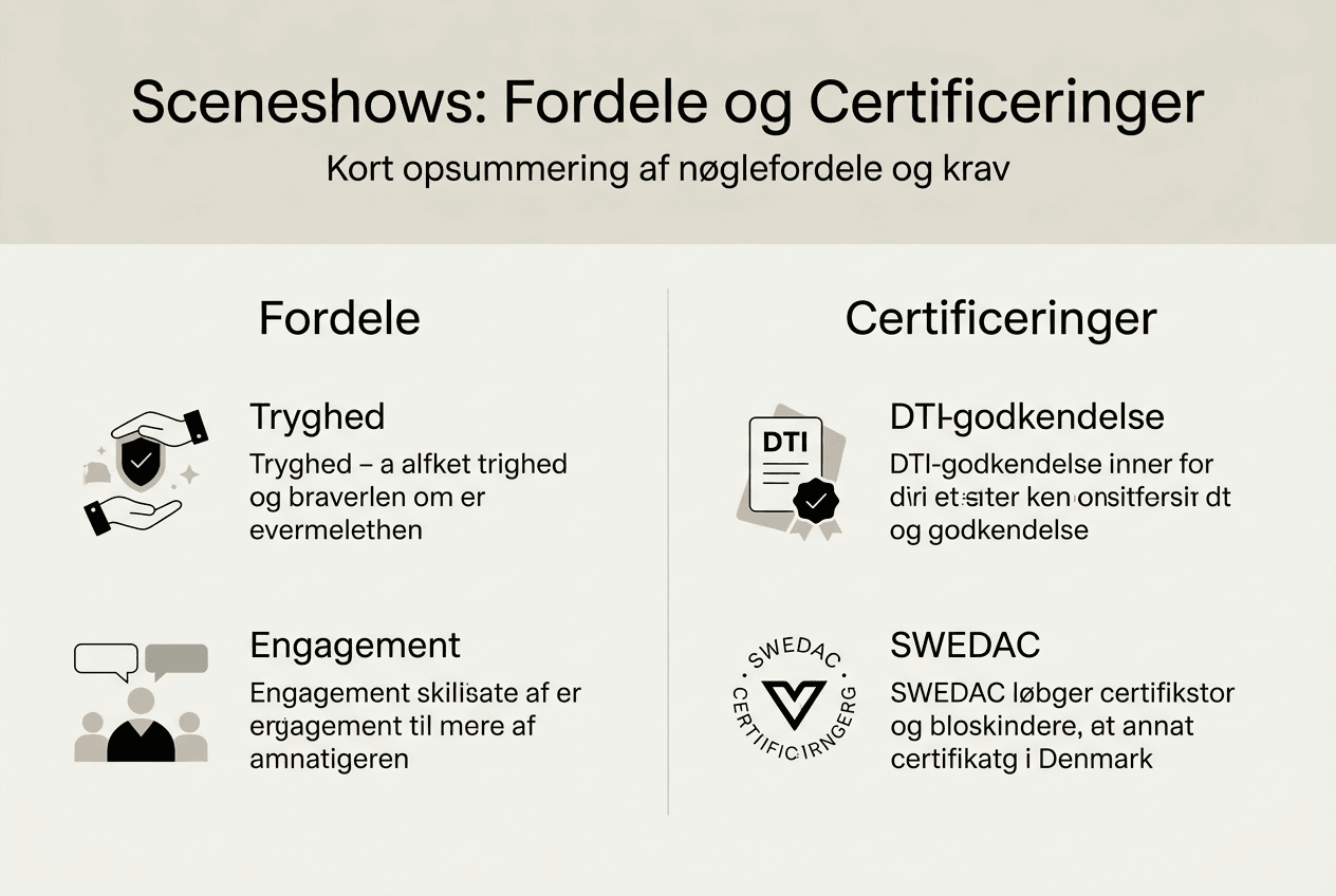 Grafisk oversigt over fordelene ved sceneshows og relevante certificeringer