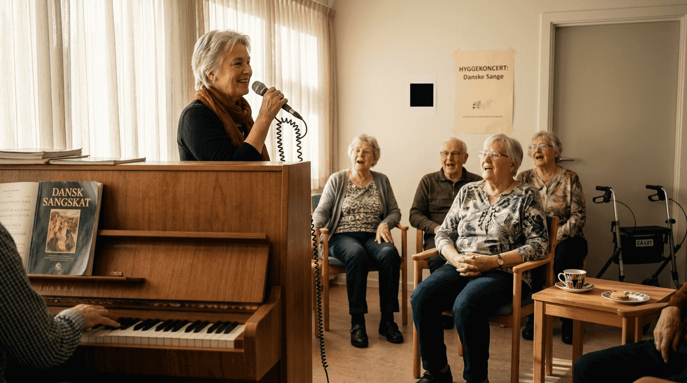 Beboerne på aktivitetscentret synger sammen akkompagneret af en livemusiker.