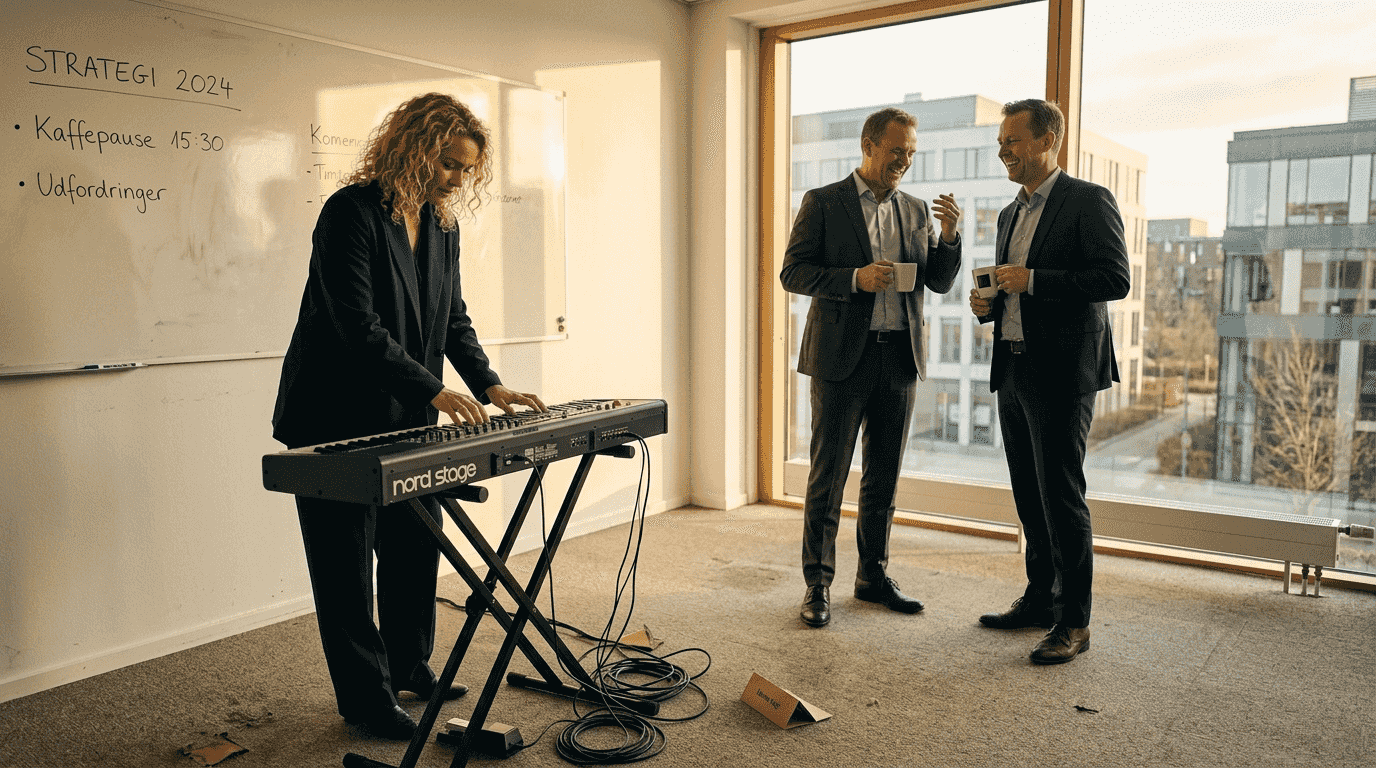Entertainer til firmaarrangement gør klar ved keyboardet