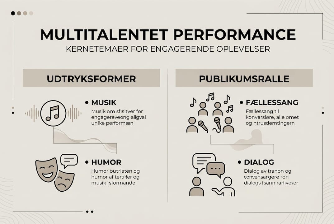 Grafisk overblik over de vigtigste elementer i en multitalents optræden