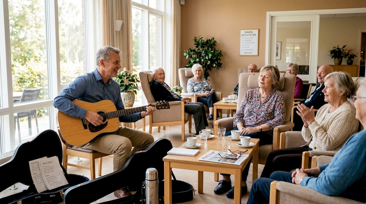Ældre gæster nyder stemningsfuld guitarspil til arrangementet.