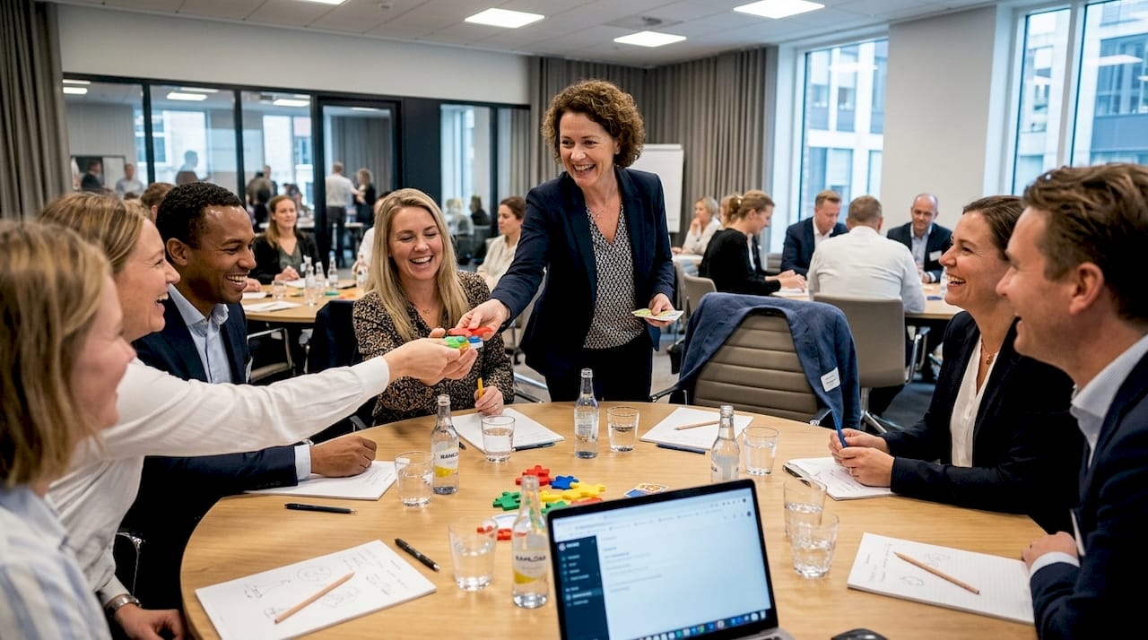 En professionel underholder styrer et engagerende og interaktivt firmaarrangement for medarbejderne.