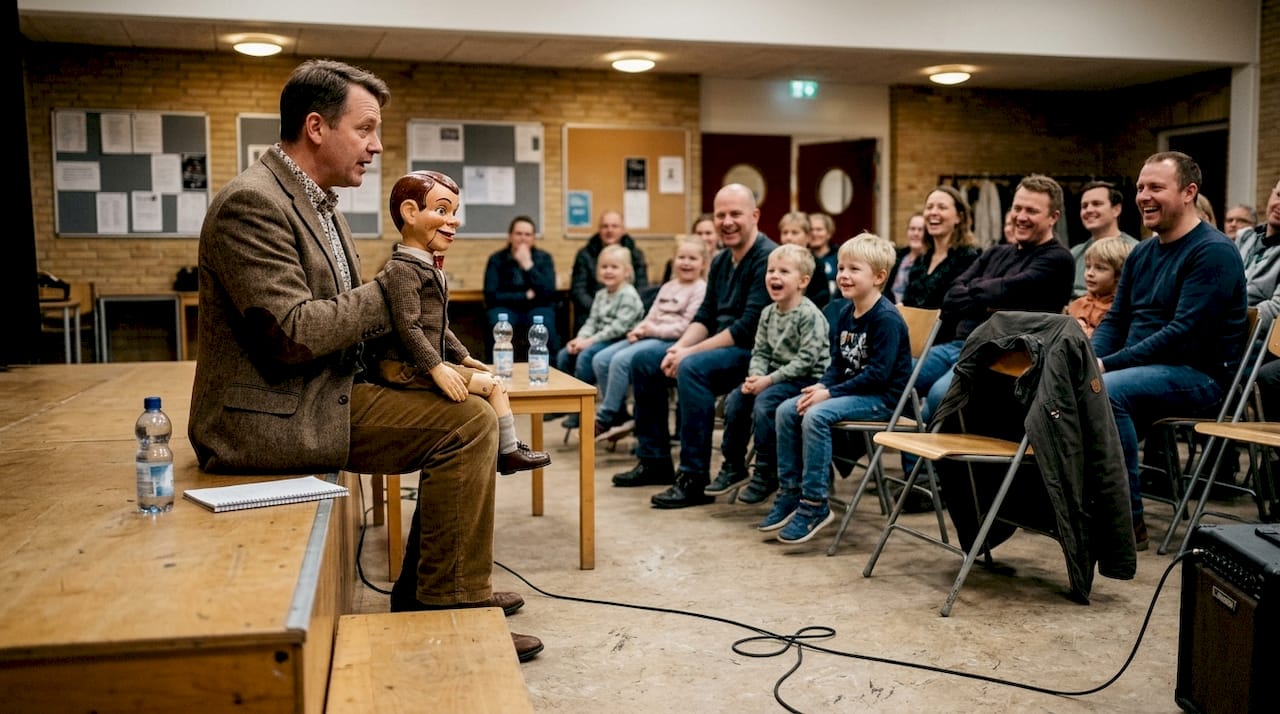 Bugtaleren sørgede for smil og latter blandt både børn og voksne i det farverige publikum.
