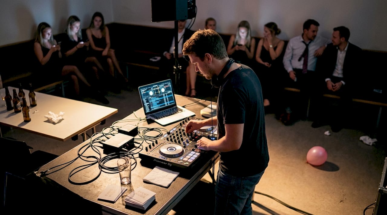 DJ’en spiller op, mens gæsterne har fokus andre steder