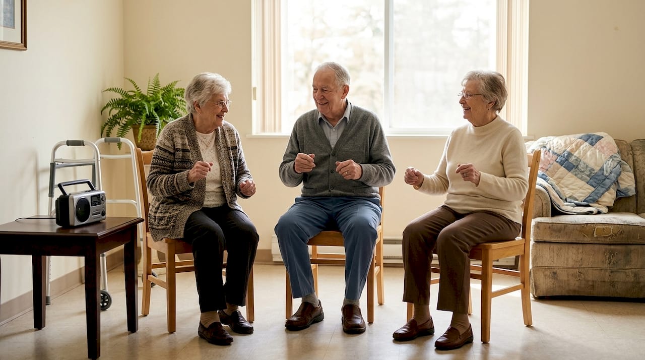 Ældre nyder musikken og danser med, mens de sidder behageligt i deres stole.