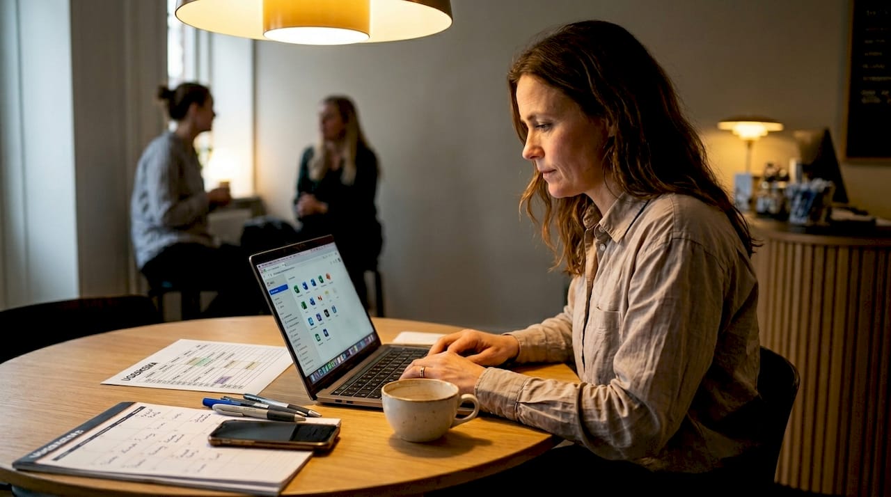 En kvinde sidder ved et cafébord og lægger planer for et kommende arrangement.