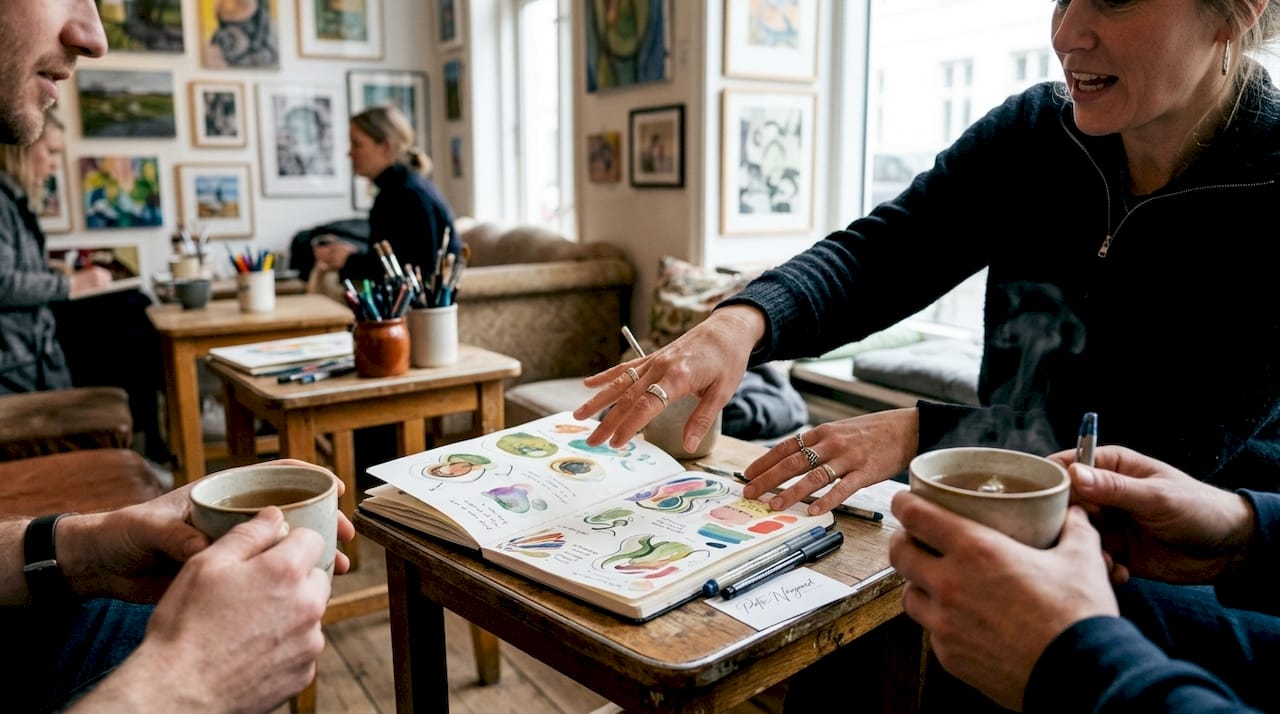 Hænder, der drøfter kunstneres portfolier og kontrakter