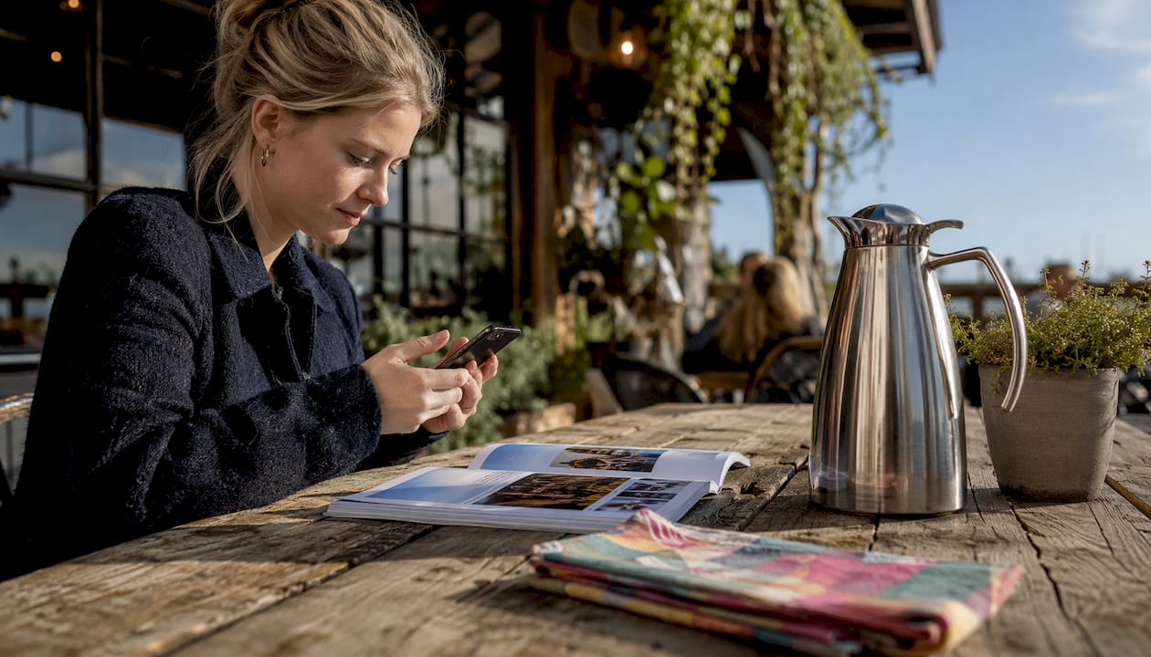 En person sidder på en café og bestiller billetter via sin mobiltelefon.