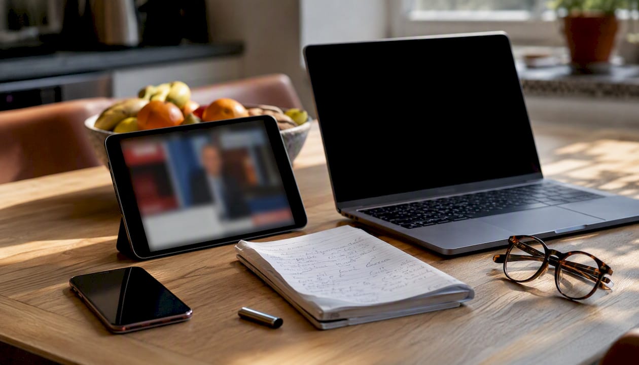 Set oppefra: digitale nyhedsmedier og en notesbog side om side