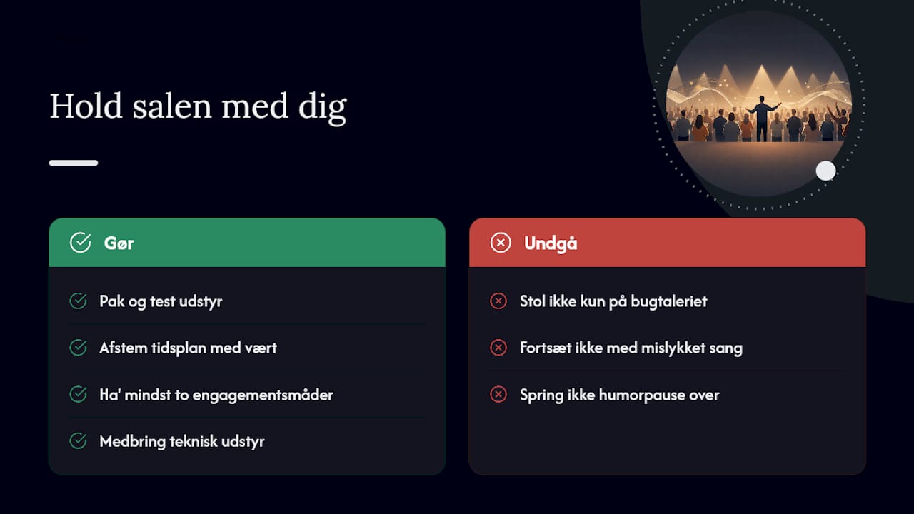 Peters erfaring fra scenen: sådan holder du salen med dig — overview diagram