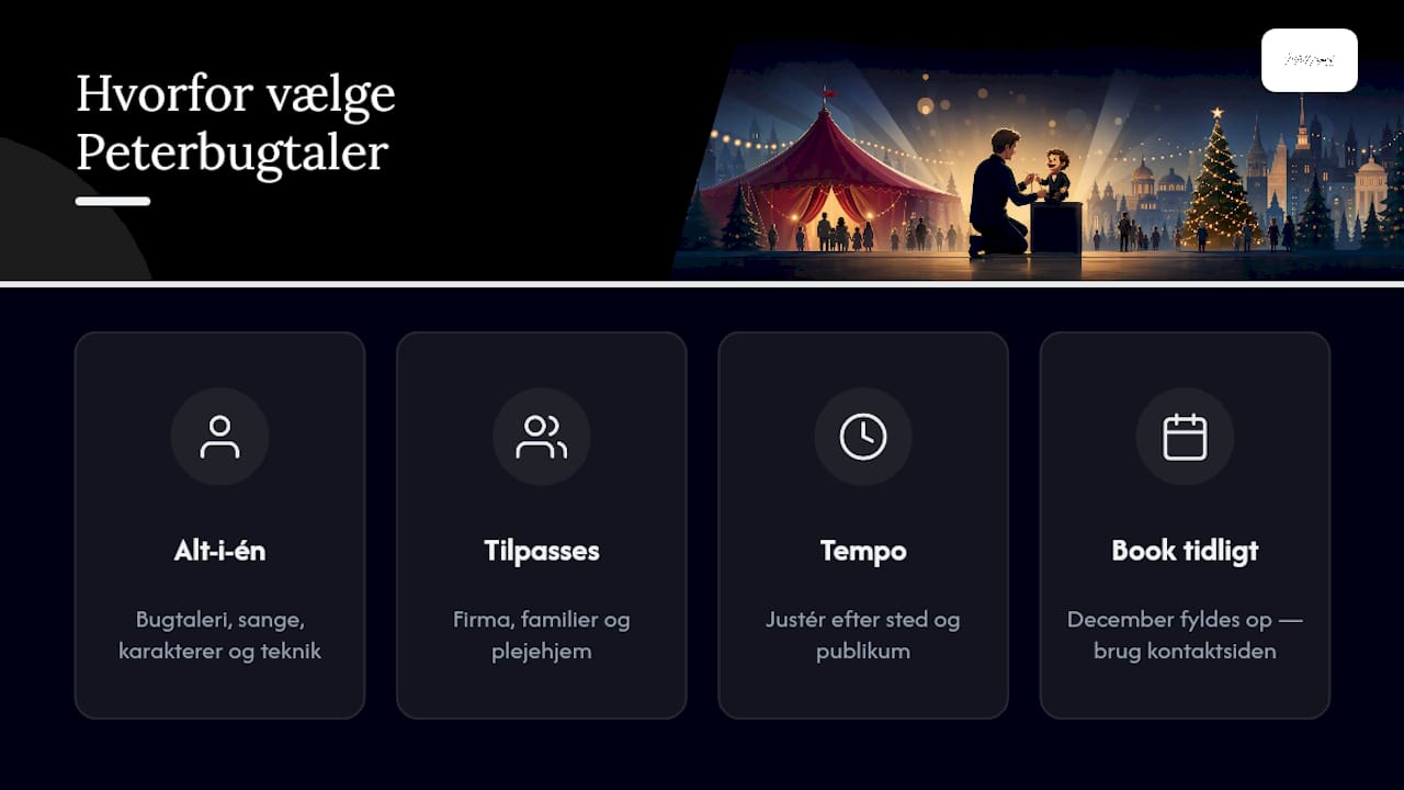 Book Peterbugtaler til jeres juleshow 2026 — overview diagram