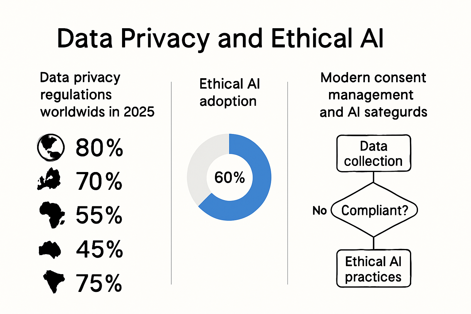 Infographic showing 2025 data privacy compliance, AI adoption rates, and ethical marketing workflows