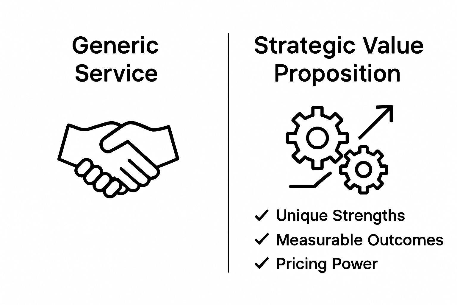 Infographic comparing generic agency services to strategic value proposition with icons and benefits