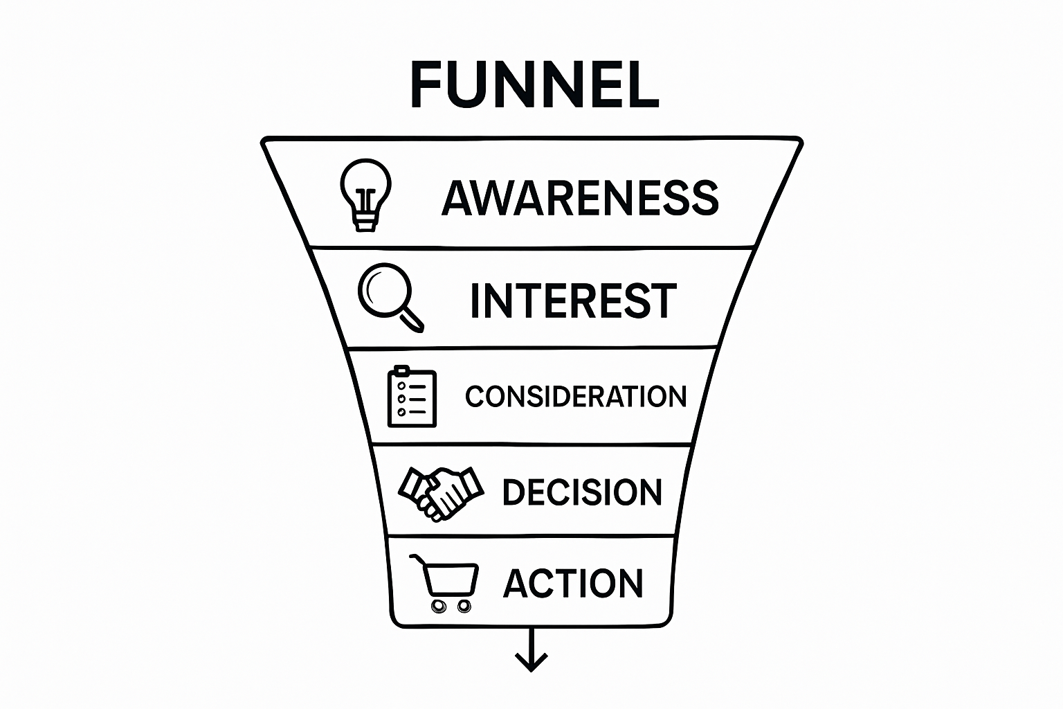 Five-layer sales funnel diagram with icons for each stage