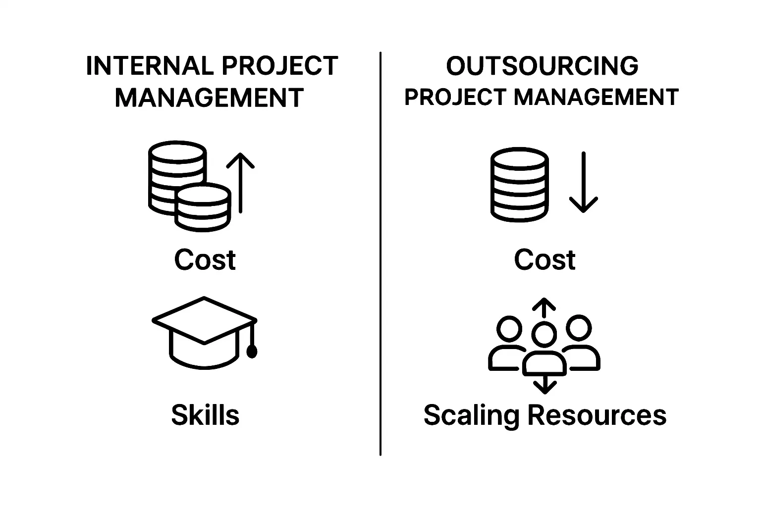 Infographic comparing internal and outsourced project management in cost, skills, and scaling