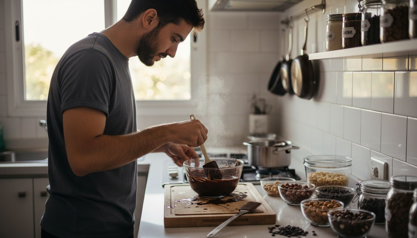 Una chica fundiendo chocolate para preparar brownies