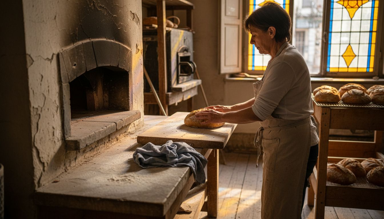 La boulangère veille attentivement à la cuisson de ses pains artisanaux.