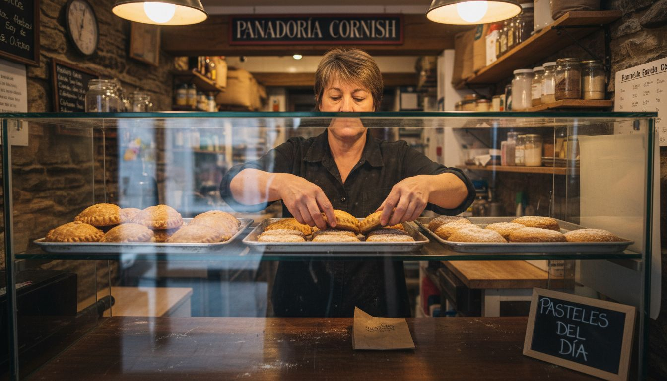 Variedad de pasteles típicos a la vista en la panadería de Cornualles