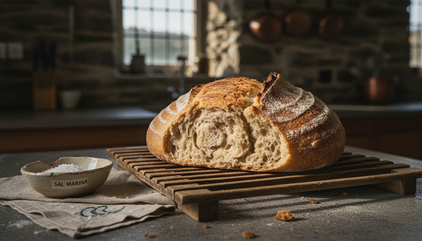 Detalle en primer plano de la corteza y la miga de un pan tradicional de Cornualles.