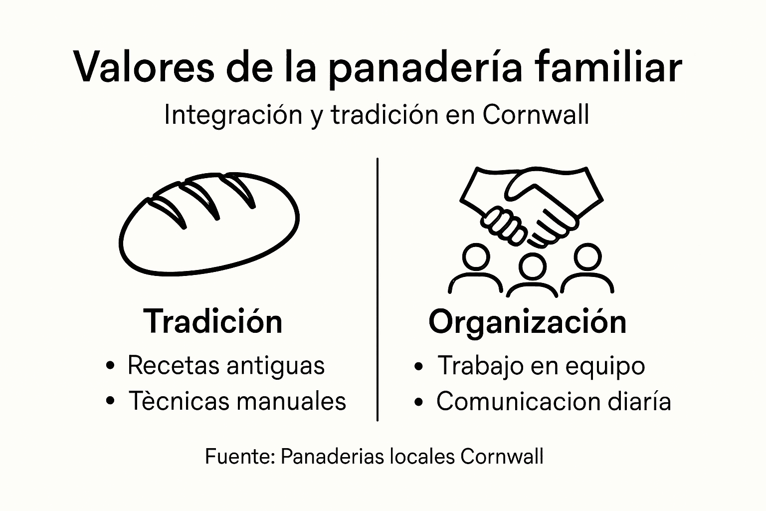 Infografía sobre los valores fundamentales y la estructura de una panadería