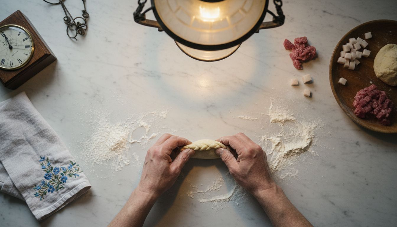 Manos trabajando con destreza para cerrar el borde de un auténtico pasty de Cornualles.