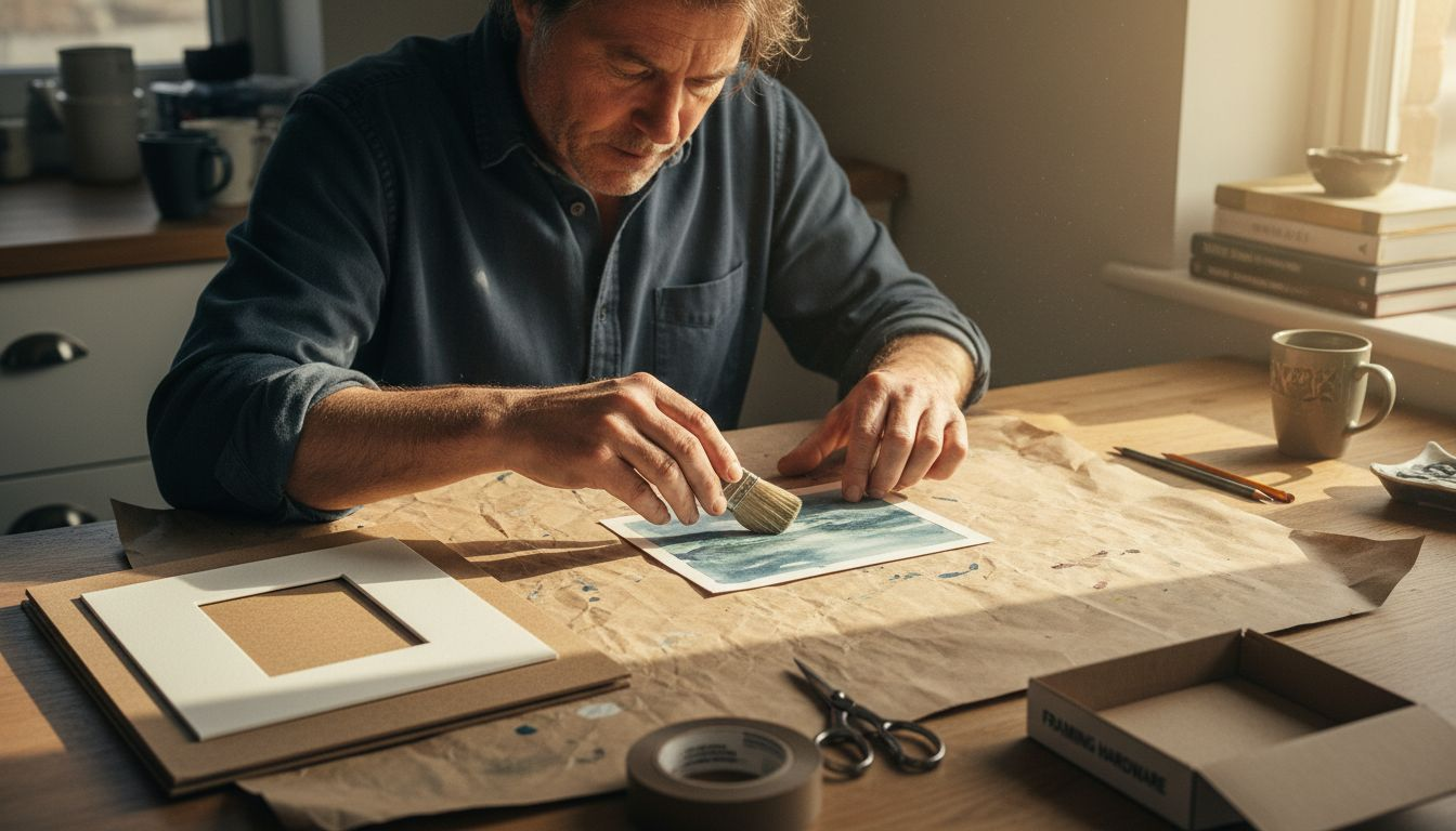 Man preparing framed watercolor painting