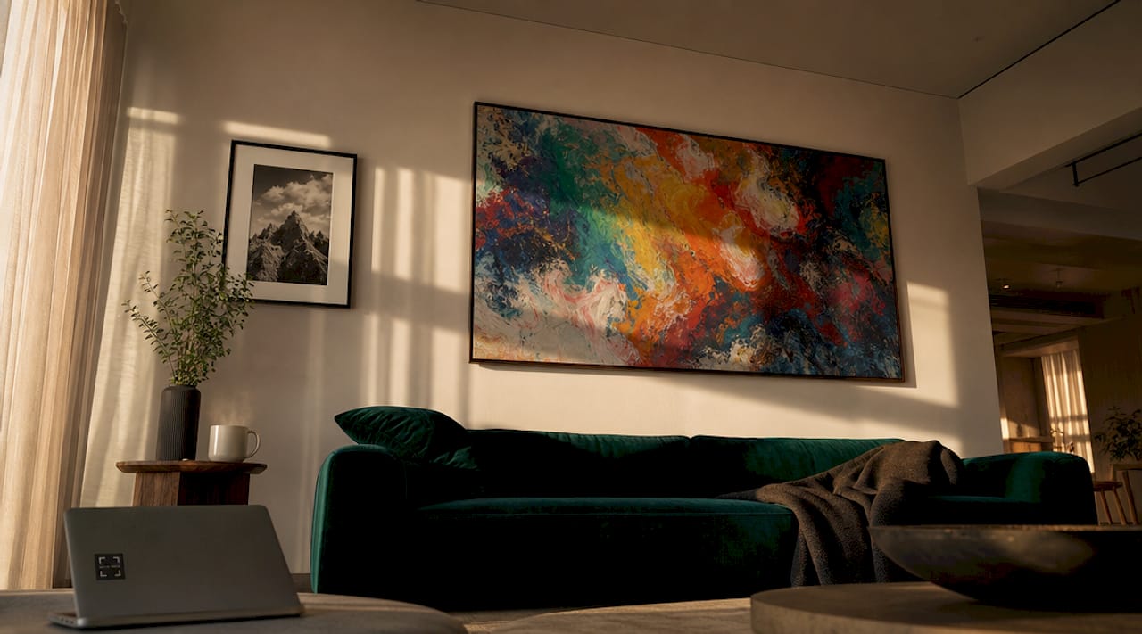 Living room with portrait and landscape wall art