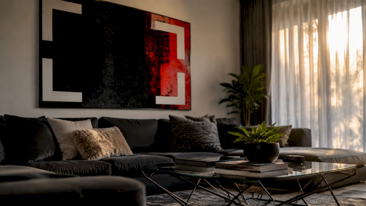 Living room with oversized art above sofa