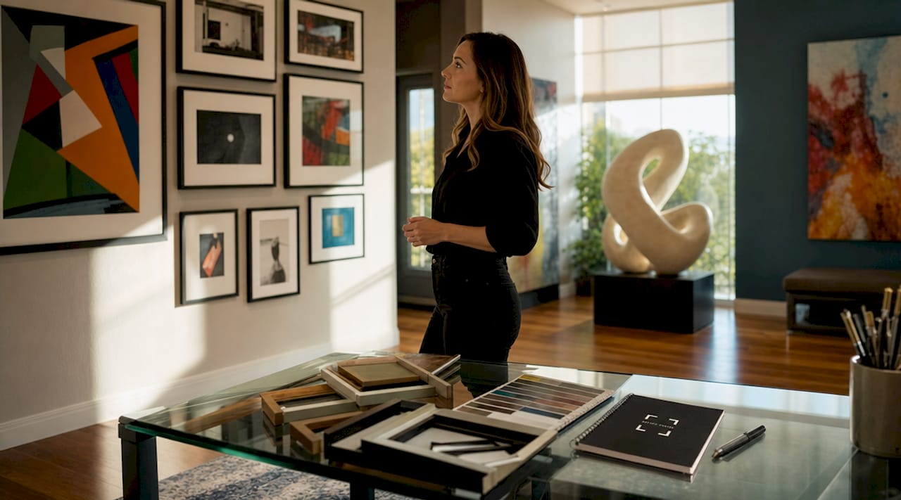 Woman reviewing framed artworks at home