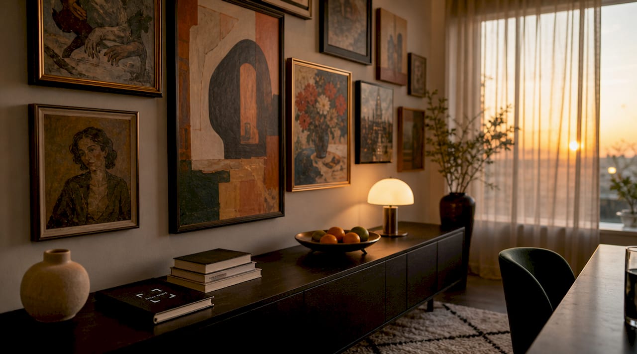 Living room with framed original paintings on wall