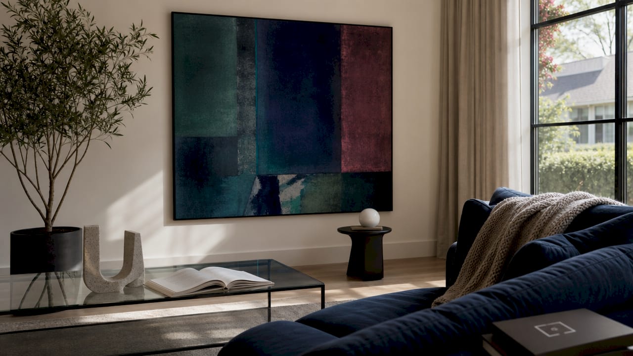 Modern living room with oversized statement wall art