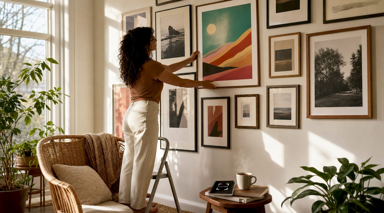 Woman adjusting gallery wall frames