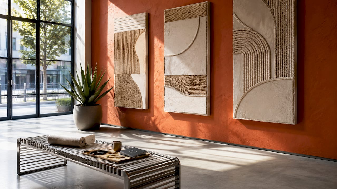 Close-up of textured plaster wall art panels