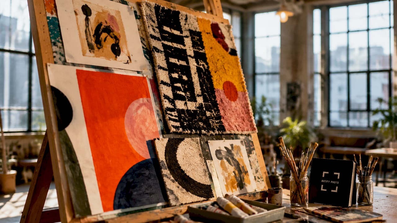 Variety of contemporary wall art styles in studio