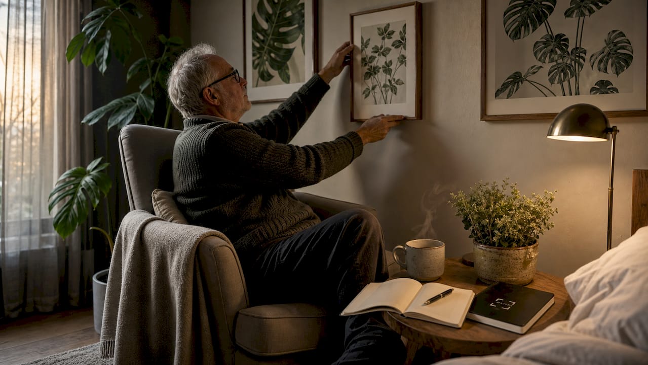 Man adjusting botanical art in bedroom reading nook