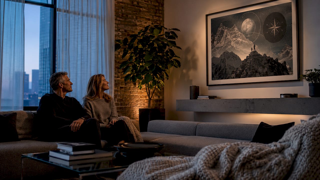 Couple appreciating personalized art in living room
