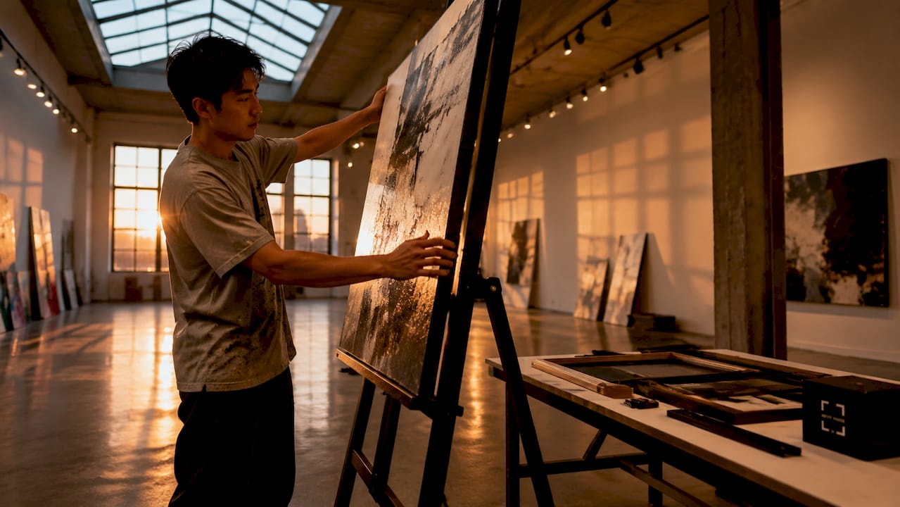 Artist preparing canvas and frames in studio