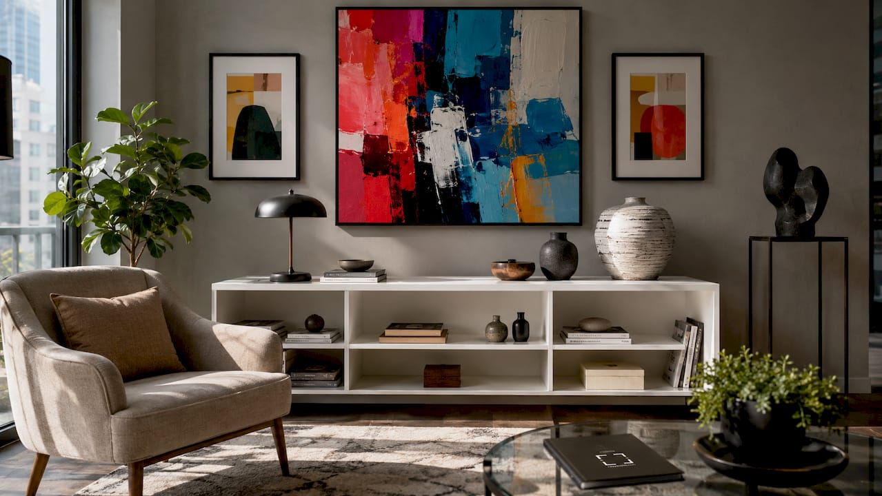 Stylish curated living room wall art display