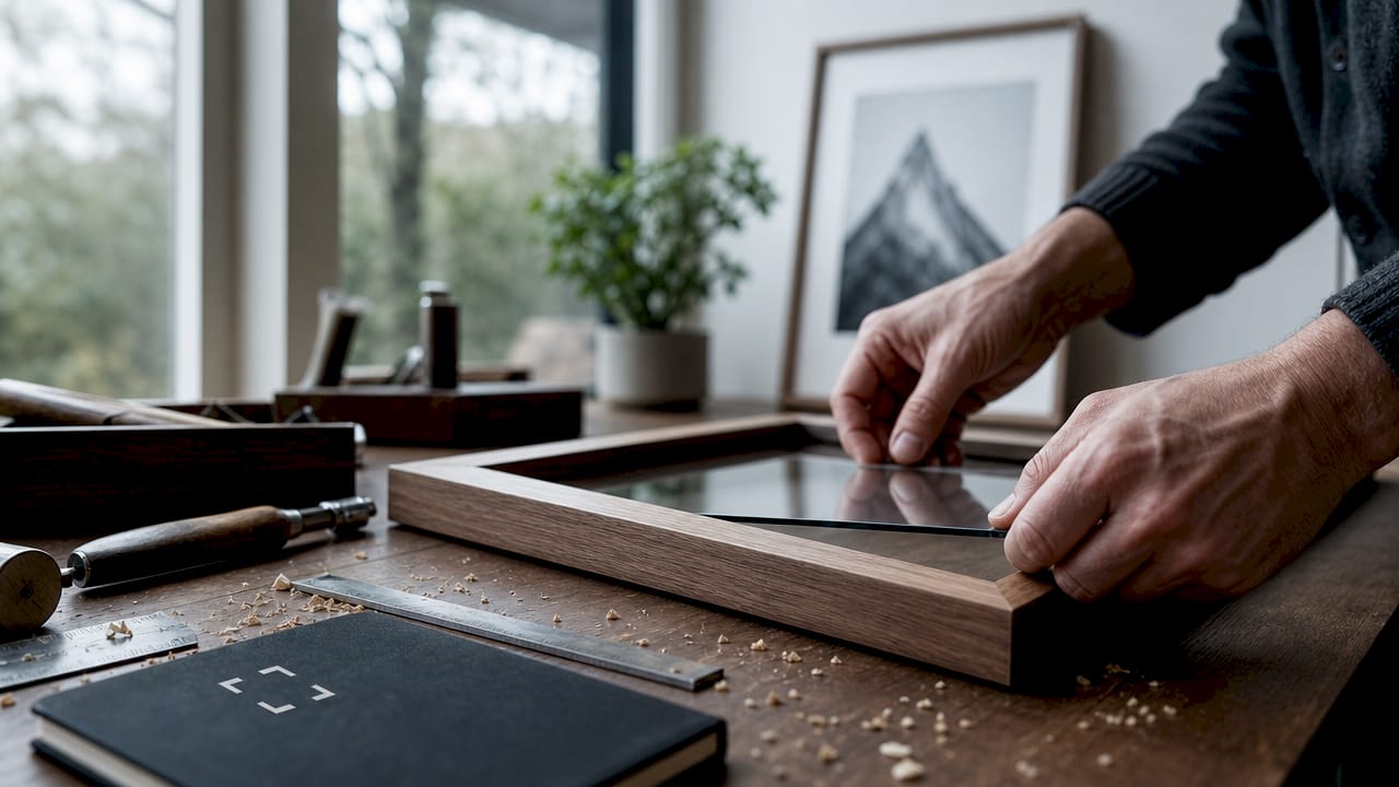 Artisan assembling luxury wall art frame close-up