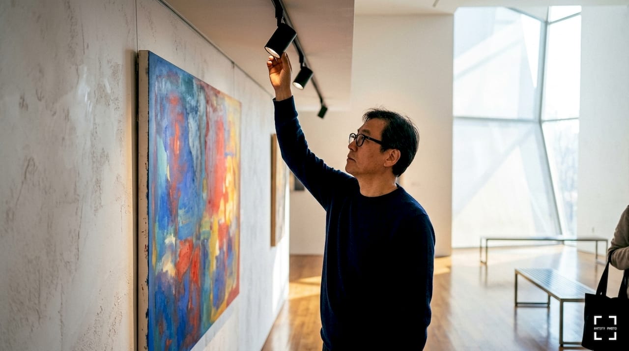 Man adjusting gallery lighting on artwork