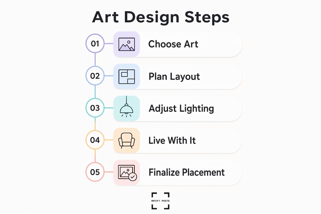 Infographic illustrating art placement steps in interior design