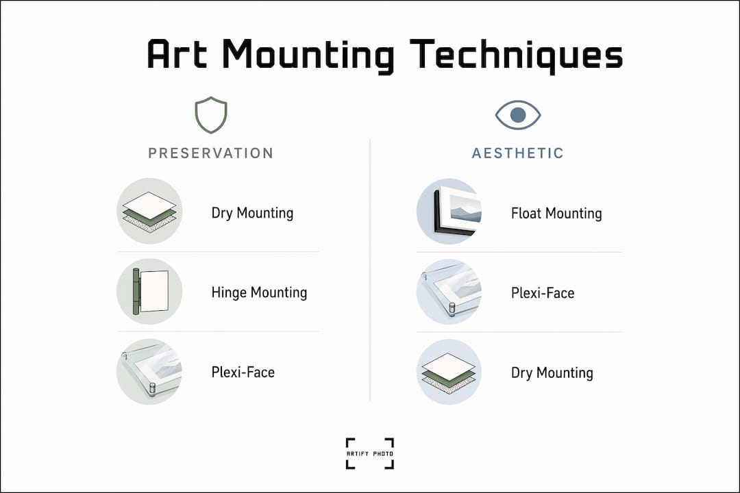Infographic comparing art mounting techniques by purpose